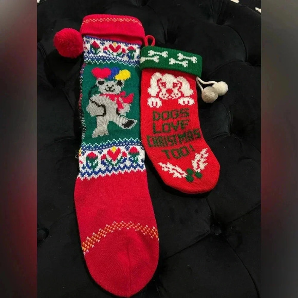 Set of 2 Vintage 90’s Christmas Kid & Per Dog Stockings Holidays Decor Kitsch - Picture 1 of 8